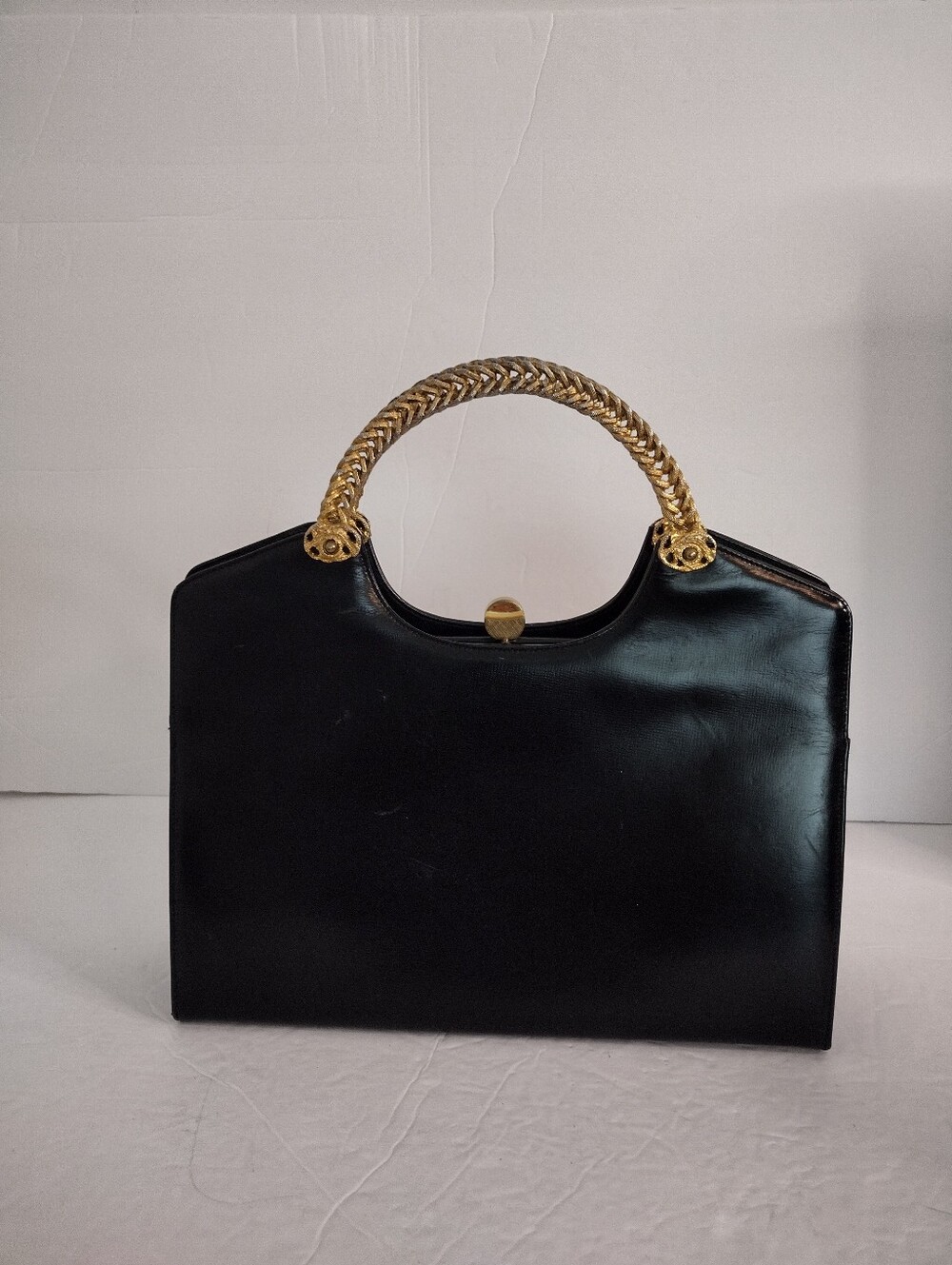 Vintage 1950s Black Leather Top Handle Handbag Gold Woven Handle Cocktail Bag - Picture 4 of 14